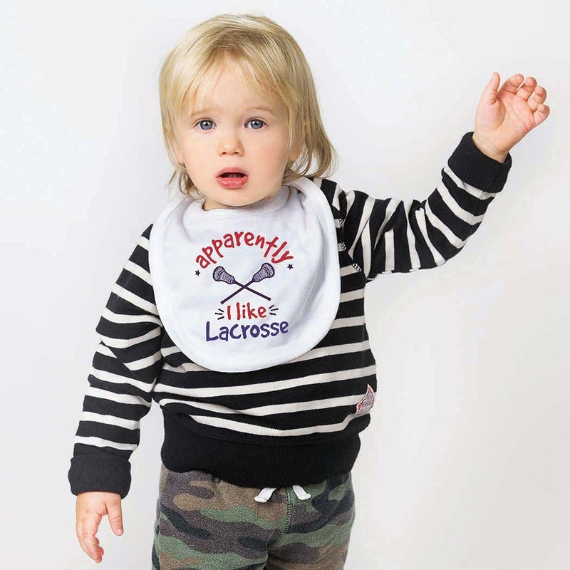 ChalkTalkSPORTS Guys Lacrosse Baby & Infant Bib | Apparently, I like Lacrosse | Microfiber Bib - Image 2